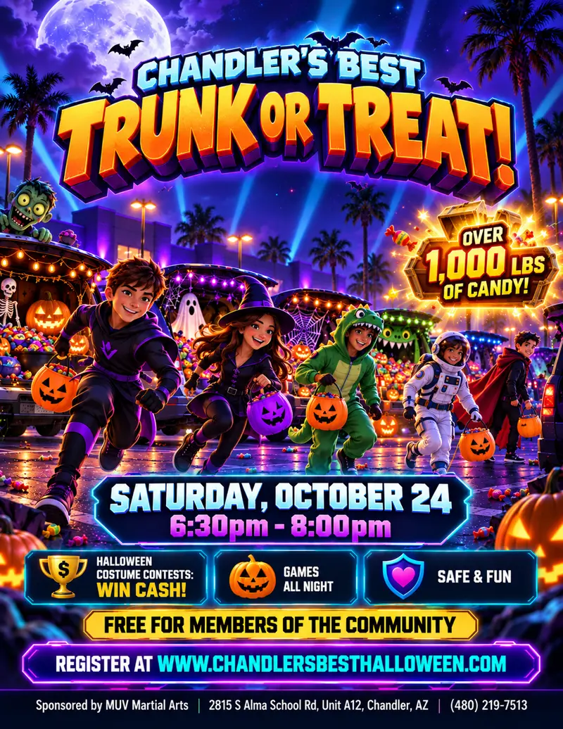 Chandler's Best Trunk or Treat flyer — kids in costumes with candy buckets, Saturday October 24, 6:30–8pm at MUV Martial Arts